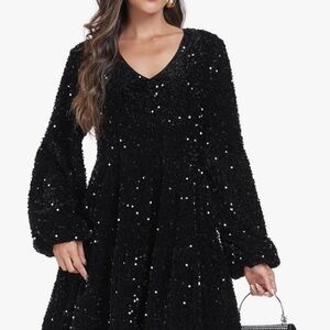 Women’s V-Neck Sequin Dress Lantern Sleeve Velvet Ruffle Hem Dress medium